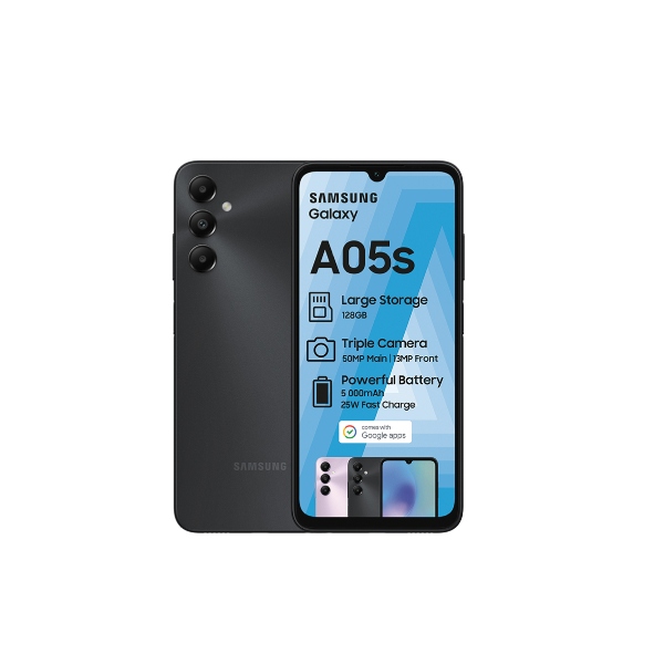 104073384.jpg Samsung Galaxy A05s smartphone shown from back and front, highlighting a triple camera on the rear and a display with specs: 128GB storage, 50MP main camera, 5MP front camera, 5000mAh battery and 25W fast charging.