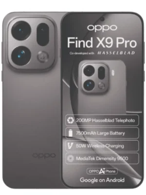 Oppo Find X9 Pro smartphone advertisement showing front and back with Hasselblad branding and key specs (200MP telephoto, 7500mAh battery, 50W charging).