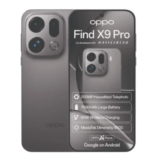Oppo Find X9 Pro smartphone advertisement showing front and back with Hasselblad branding and key specs (200MP telephoto, 7500mAh battery, 50W charging).