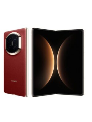 Huawei foldable smartphone with red leather back and circular multi-camera module, open to reveal the large inner display.