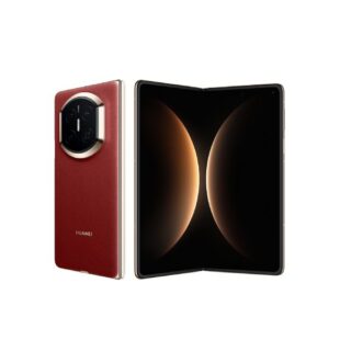 Huawei foldable smartphone with red leather back and circular multi-camera module, open to reveal the large inner display.