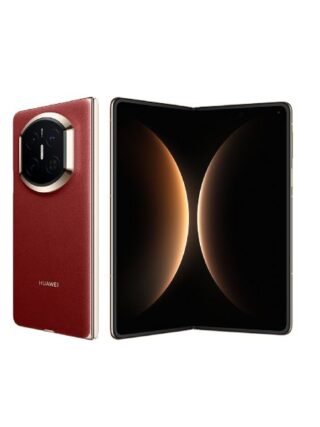 Huawei foldable smartphone with red leather back and circular multi-camera module, open to reveal the large inner display.
