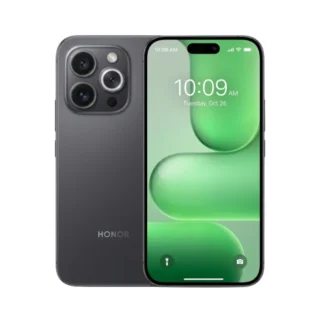 Honor smartphone with a triple-camera rear in dark gray and a front display showing time 10:09 AM on a green wallpaper.
