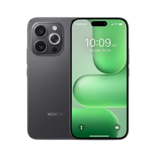 Honor smartphone with a triple-camera rear in dark gray and a front display showing time 10:09 AM on a green wallpaper.