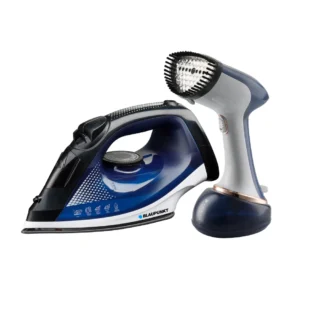 Blue and white Blaupunkt steam iron with a detachable handheld garment steamer attachment beside it, on a white background.