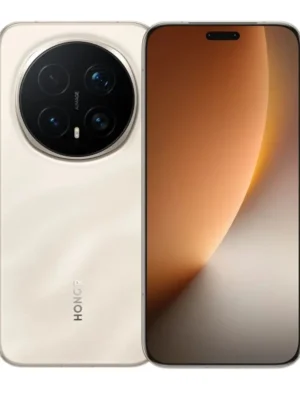 Gold Honor smartphone shown from both sides: front with edge-to-edge display and rear with a large circular quad-camera module.