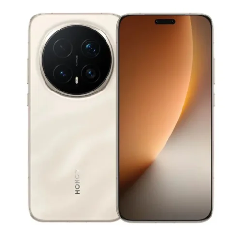 Gold Honor smartphone shown from both sides: front with edge-to-edge display and rear with a large circular quad-camera module.