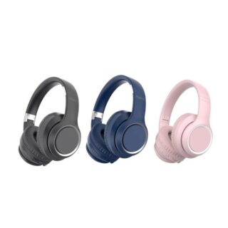 Three over-ear headphones in black, navy, and pink shown side by side on a white background.