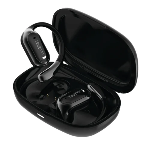 Black wireless earbuds resting in a glossy black charging case with the lid open, showing the earpieces inside.