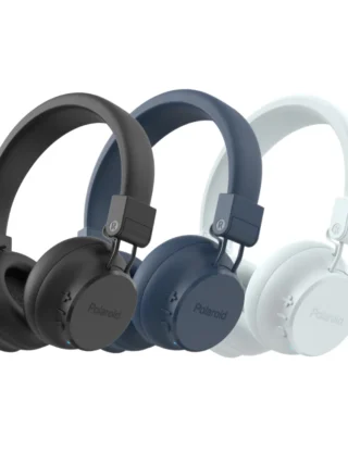 Over-ear headphones in black, blue, and white arranged in a row, Polaroid branding on earcups (wireless model).