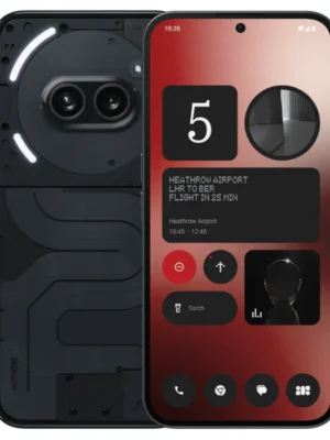 Smartphone shown from front and back: exposed internal hardware on the left and the front display on the right with red widgets and flight information.