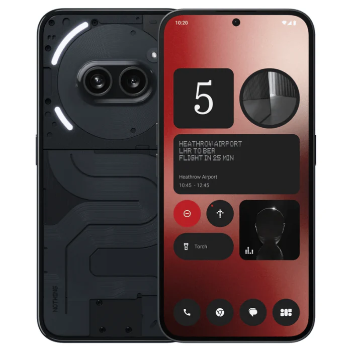 Untitled_0ddcbee6-8c6e-48d9-8f61-461eb587489f_700x700-1.webp Smartphone shown from front and back: exposed internal hardware on the left and the front display on the right with red widgets and flight information.