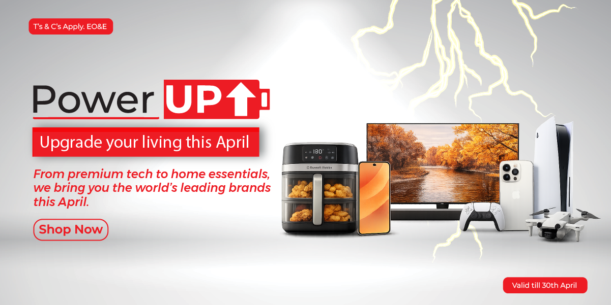 banner april-03 Promotional banner announcing 'Power UP' with 'Upgrade your living this April', featuring an air fryer, phone, TV, game console, drone, and a prominent 'Shop Now' button.