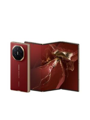 Red foldable smartphone opened to reveal a large internal display; gold frame and circular multi‑camera module on the back.