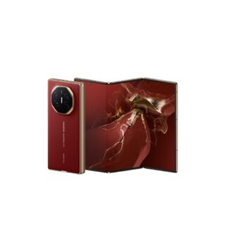 Red foldable smartphone opened to reveal a large internal display; gold frame and circular multi‑camera module on the back.